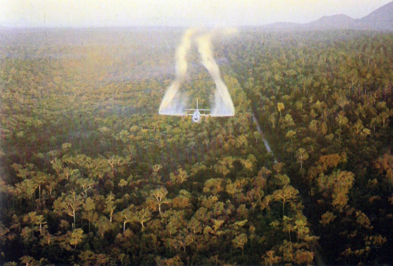 "Ranch Hand" aircraft spraying defoliant next to a road in South Vietnam in 1962.