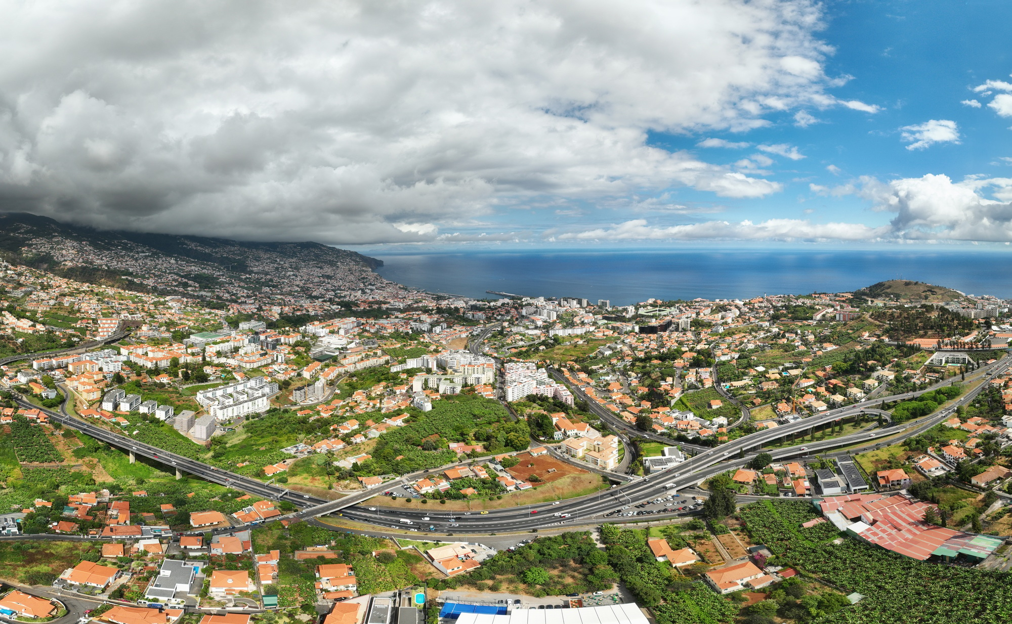 Aerial drone view of Funchal town, Madeira, Portugal