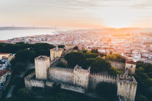 Aerial view medieval fortress on hill top in Lisbon.