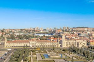 Aerial view of Mosteiro dos Jeronimos, Lisbon, Portugal.