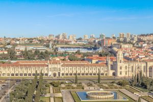 Aerial view of Mosteiro dos Jeronimos, Lisbon, Portugal.