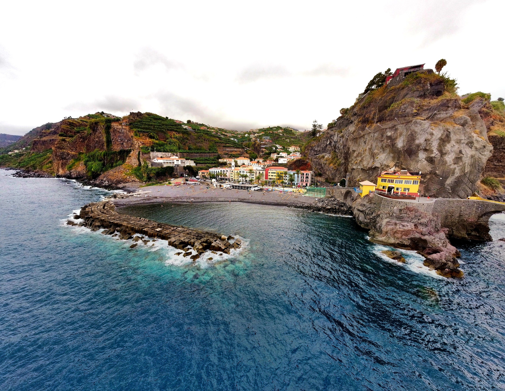 Drone view of the Madeira Island under cloudy sky, Portugal