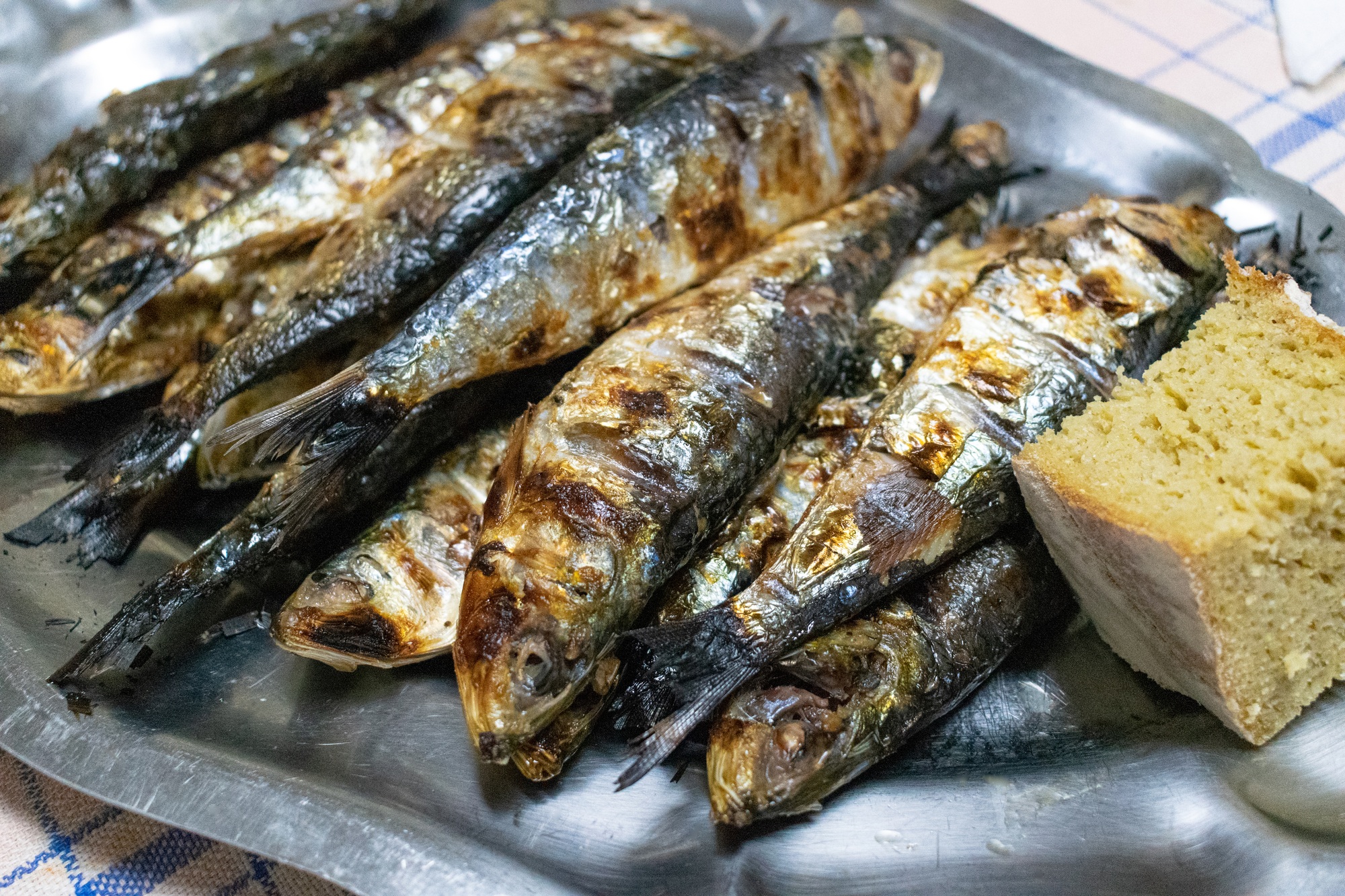 Grilled sardines with bread on a plate.