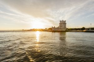 River view at sunset of Belem Tower in Lisbon, Portugal